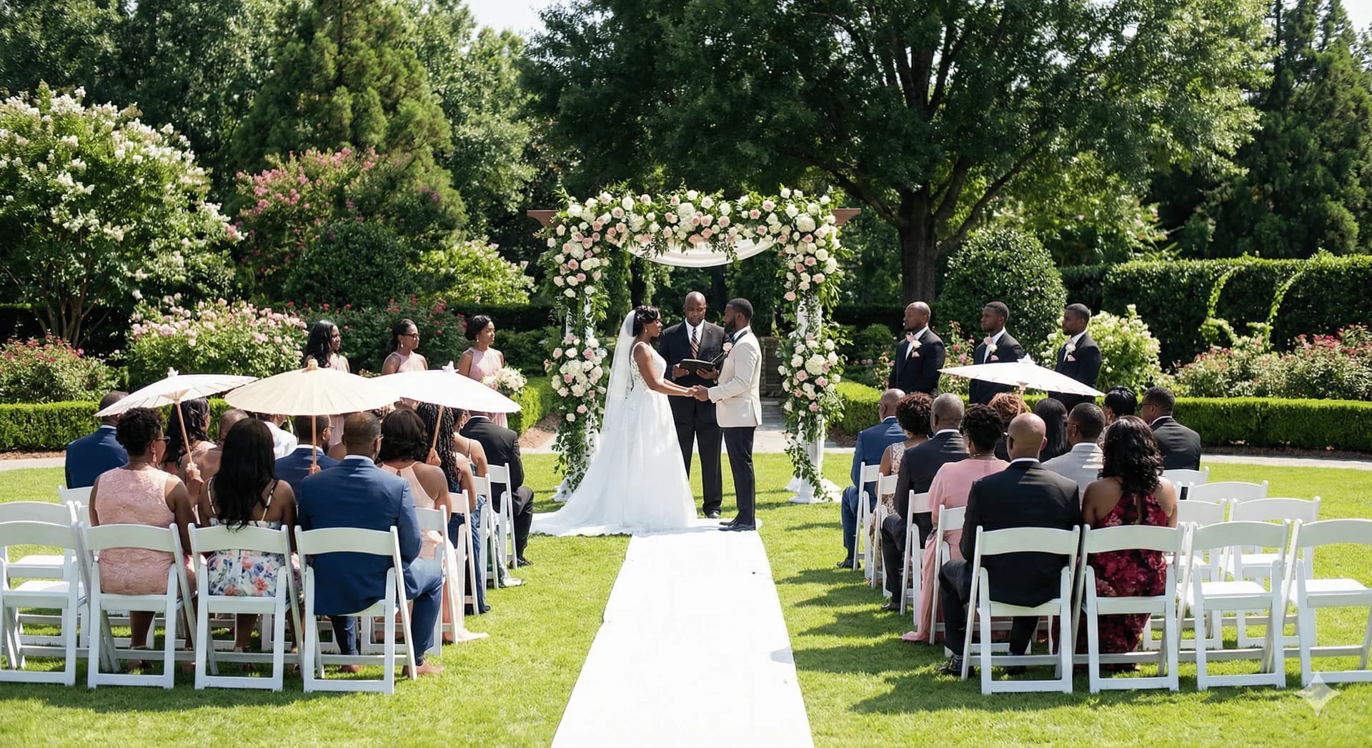 Beautiful garden wedding ceremony at Happyland Gardens